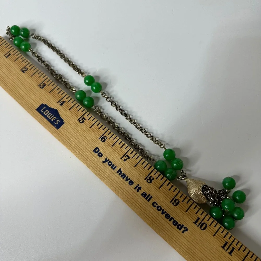 Vintage Tassel Necklace Green Plastic Beaded Gold‎ Tone Textured Shell Statement